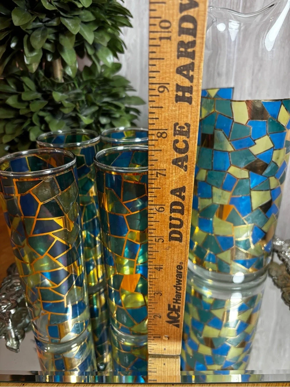 Vintage Blue & Gold Mosaic Glass Pitcher & 4 Highball Glasses Barware Set